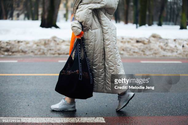Maya Vik carries a Blanche Copenhagen bag and wears Stella McCartney sneakers on January 26, 2018 in Oslo, Norway.