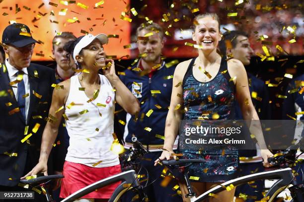 Raquel Atawo of the United States and Anna-Lena Groenefeld of Germany celebrate after winning the doubles final match against Nicole Melichar of the...