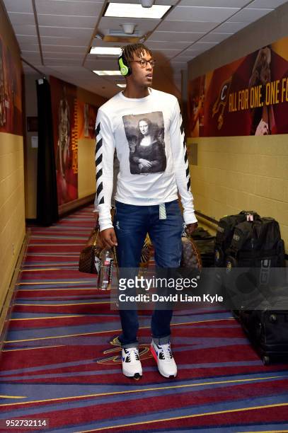 Myles Turner of the Indiana Pacers arrives before the game against the Cleveland Cavaliers in Game Seven of Round One of the 2018 NBA Playoffs on...