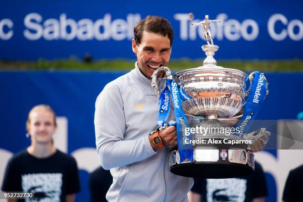 Rafael Nadal of Spain poses with the trophy after his victory against Stefanos Tsitsipas of Greece in their final match during day seven of the...