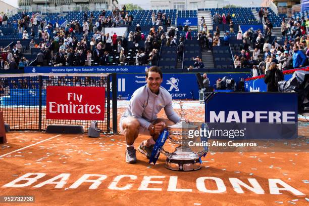 Rafael Nadal of Spain poses with the trophy after his victory against Stefanos Tsitsipas of Greece in their final match during day seven of the...