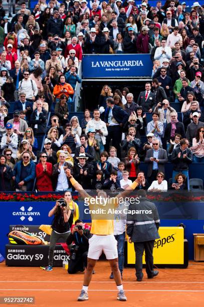Rafael Nadal of Spain celebrates his victory against Stefanos Tsitsipas of Greece in their final match during day seven of the Barcelona Open Banc...