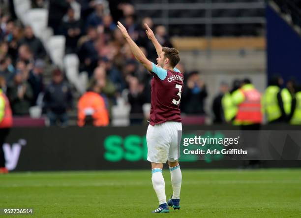 Aaron Cresswell of West Ham United celebrates scoring during the Premier League match between West Ham United and Manchester City at London Stadium...