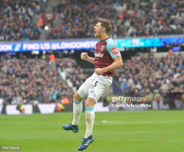 Aaron Cresswell of West Ham United celebrates scoring during the Premier League match between West Ham United and Manchester City at London Stadium...