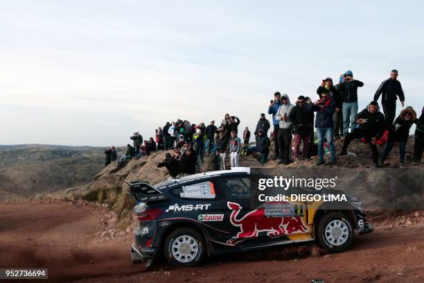 Finnish driver Teemu Suninen steers his Ford Fiesta WRC with his compatriot co-driver Mikko Markkula, in the Argentine province of Cordoba, during...