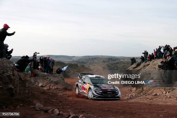 Finnish driver Teemu Suninen steers his Ford Fiesta WRC with his compatriot co-driver Mikko Markkula, in the Argentine province of Cordoba, during...