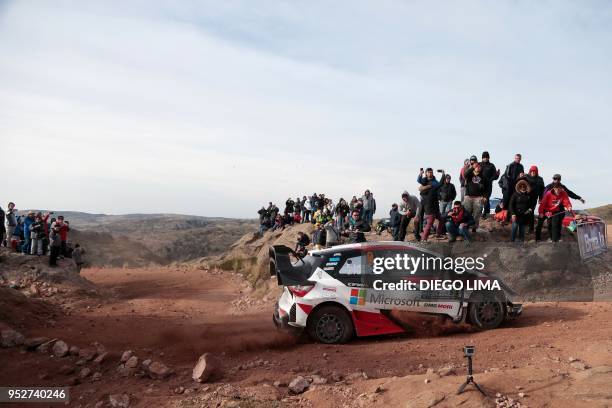 Finnish driver Esapekka Lappi steers his Toyota Yaris WRC with his compatriot co-driver co-driver Janne Ferm, in the Argentine province of Cordoba,...