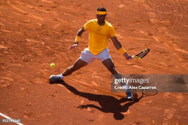 Rafael Nadal of Spain plays a forehand against Stefanos Tsitsipas of Greece in their final match during day seven of the Barcelona Open Banc Sabadell...