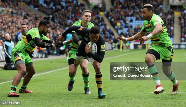 Juan de Jongh of Wasps breaks clear to score their fourth try during the Aviva Premiership match between Wasps and Northampton Saints at The Ricoh...