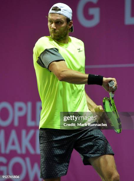 Daniel Brands of Germany in action during his singles qualifying match with Emil Ruusuvuori of Finland on the second day of The Glasgow Trophy at...