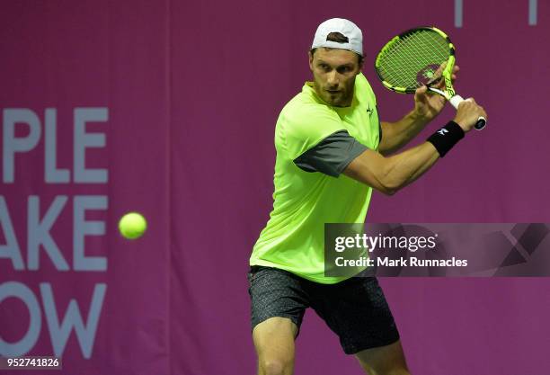 Daniel Brands of Germany in action during his singles qualifying match with Emil Ruusuvuori of Finland on the second day of The Glasgow Trophy at...