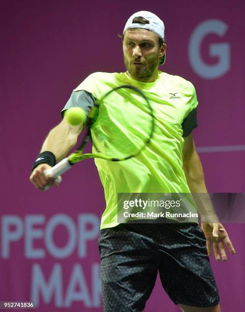 Daniel Brands of Germany in action during his singles qualifying match with Emil Ruusuvuori of Finland on the second day of The Glasgow Trophy at...