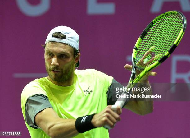 Daniel Brands of Germany in action during his singles qualifying match with Emil Ruusuvuori of Finland on the second day of The Glasgow Trophy at...