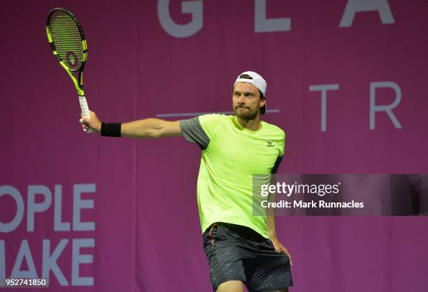 Daniel Brands of Germany in action during his singles qualifying match with Emil Ruusuvuori of Finland on the second day of The Glasgow Trophy at...