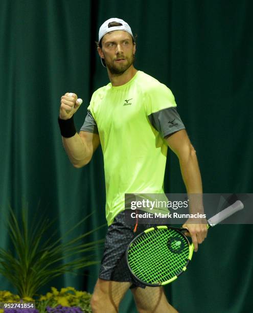 Daniel Brands of Germany in action during his singles qualifying match with Emil Ruusuvuori of Finland on the second day of The Glasgow Trophy at...