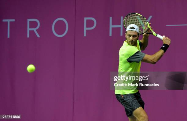 Daniel Brands of Germany in action during his singles qualifying match with Emil Ruusuvuori of Finland on the second day of The Glasgow Trophy at...