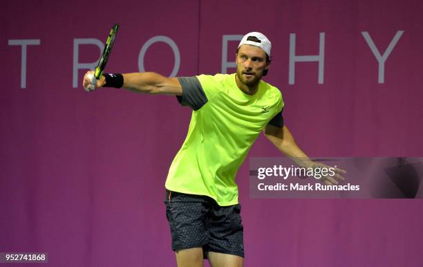 Daniel Brands of Germany in action during his singles qualifying match with Emil Ruusuvuori of Finland on the second day of The Glasgow Trophy at...