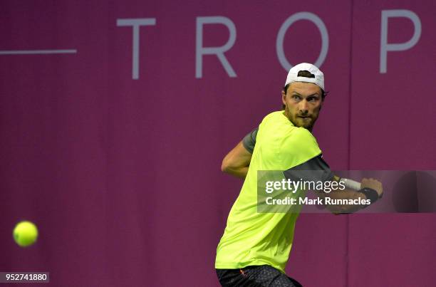 Daniel Brands of Germany in action during his singles qualifying match with Emil Ruusuvuori of Finland on the second day of The Glasgow Trophy at...