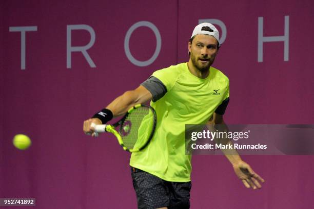 Daniel Brands of Germany in action during his singles qualifying match with Emil Ruusuvuori of Finland on the second day of The Glasgow Trophy at...