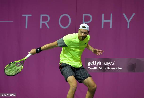 Daniel Brands of Germany in action during his singles qualifying match with Emil Ruusuvuori of Finland on the second day of The Glasgow Trophy at...