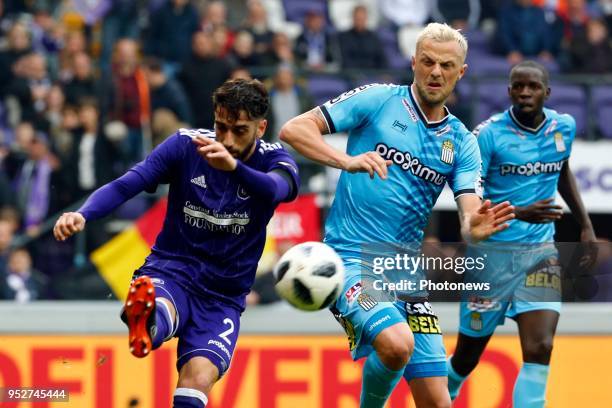 Josue Sa defender of RSC Anderlecht and David Pollet forward of Sporting Charleroi during the Jupiler Pro League play off 1 match between RSC...