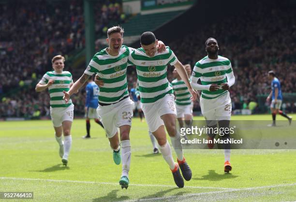 Tomas Rogic of Celtic celebrates scoring his team's fourth goal during the Scottish Premier League match between Celtic and Rangers at Celtic Park on...