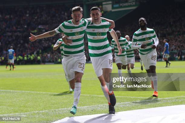 Tomas Rogic of Celtic celebrates scoring his team's fourth goal during the Scottish Premier League match between Celtic and Rangers at Celtic Park on...