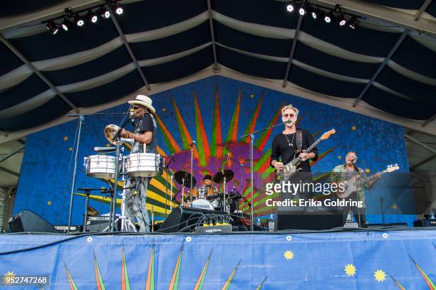 Cyril Neville, Johnny Vidacovich, Anders Osborne and George Porter Jr of the Voice of the Wetlands All-Stars perform during the New Orleans Jazz &...