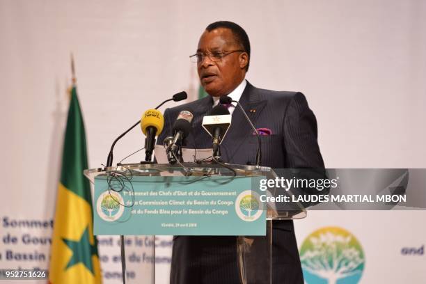 President of Republic of the Congo Denis Sassou Nguesso speaks during a summit on the Congo River, "Fonds bleu du Bassin du Congo" , on April 29,...