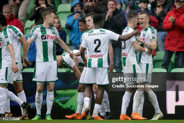 Samir Memisevic of FC Groningen celebrates 2-0 with Mike te Wierik of FC Groningen, Deyovaisio Zeefuik of FC Groningen, Tom van de Looi of FC...