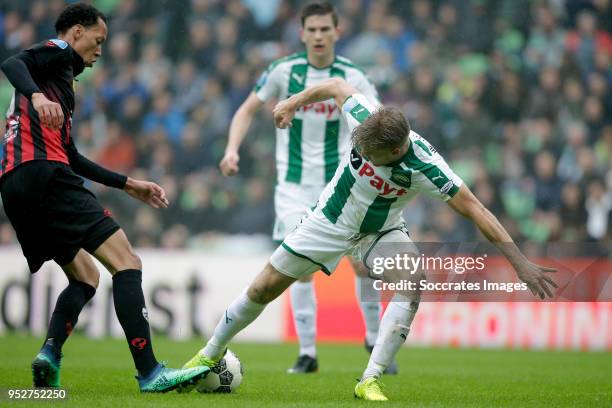 Ryan Koolwijk of Excelsior, Tom van Weert of FC Groningen during the Dutch Eredivisie match between FC Groningen v Excelsior at the NoordLease...