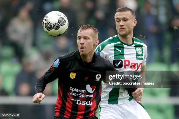 Mike van Duinen of Excelsior, Mike te Wierik of FC Groningen during the Dutch Eredivisie match between FC Groningen v Excelsior at the NoordLease...