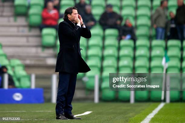 Coach Ernest Faber of FC Groningen during the Dutch Eredivisie match between FC Groningen v Excelsior at the NoordLease Stadium on April 29, 2018 in...