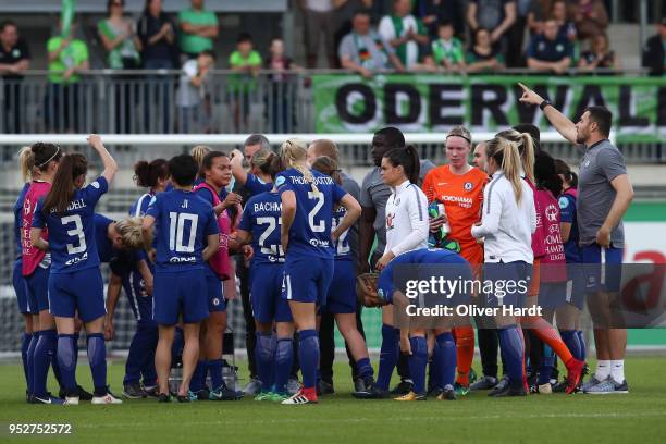 Team of Chelsea appears frustrated after the Women's UEFA Champions League semi final second leg match between VfL Wolfsburg and FC Chelsea at AOK...