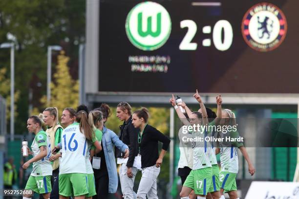 Team of Wolfsburg celebrate after the Women's UEFA Champions League semi final second leg match between VfL Wolfsburg and FC Chelsea at AOK Stadion...