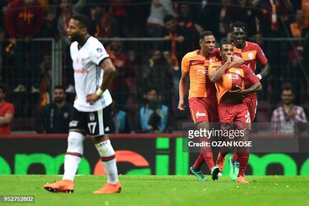 Galatasaray's Garry Rodrigues celebrates with his teammates after scoring a goal during Turkish Spor Toto Super league fotball match between...