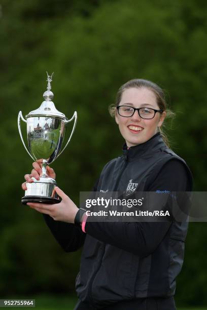 Hannah Darling poses with the trophy after winning the final round of the Girls' U-16 Open Championship at Fulford Golf Club on April 29, 2018 in...