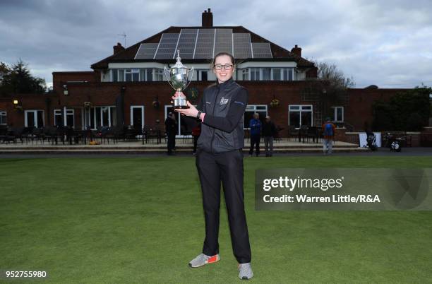 Hannah Darling poses with the trophy after winning the final round of the Girls' U-16 Open Championship at Fulford Golf Club on April 29, 2018 in...