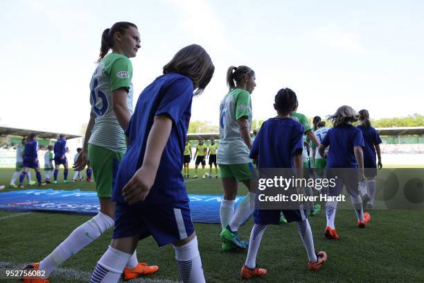 Team of Wolfsburg enters the pitch prior to the Women's UEFA Champions League semi final second leg match between VfL Wolfsburg and FC Chelsea at AOK...