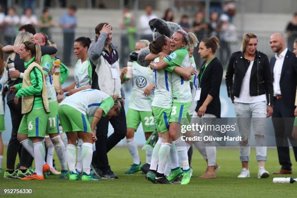 Team of Wolfsburg celebrate after the Women's UEFA Champions League semi final second leg match between VfL Wolfsburg and FC Chelsea at AOK Stadion...