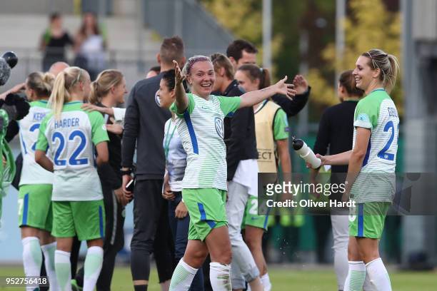 Zsanett Jakabfi of Wolfsburg celebrate after the Women's UEFA Champions League semi final second leg match between VfL Wolfsburg and FC Chelsea at...