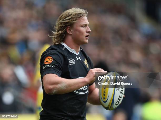 Tommy Taylor of Wasps looks on during the Aviva Premiership match between Wasps and Northampton Saints at The Ricoh Arena on April 29, 2018 in...