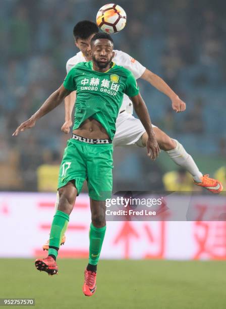 Bakambu of Beijing Guoan in action during 2018 China Super League match between Beijing Guoan and Guizhou Hengfeng Zhicheng at Beijing Workers...