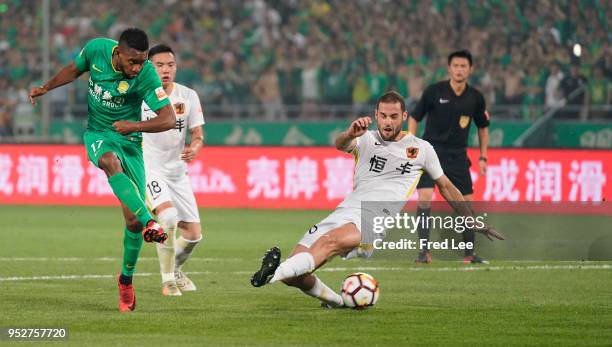 Bakambu of Beijing Guoan and Mario Suarez of Guizhou Hengfeng Zhicheng during 2018 China Super League match between Beijing Guoan and Guizhou...