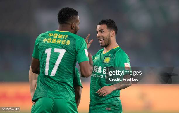 Jonathan Viera of Beijing Guoan celebrates scoring his team's goal with Bakambu of Beijing Guoan during 2018 China Super League match between Beijing...