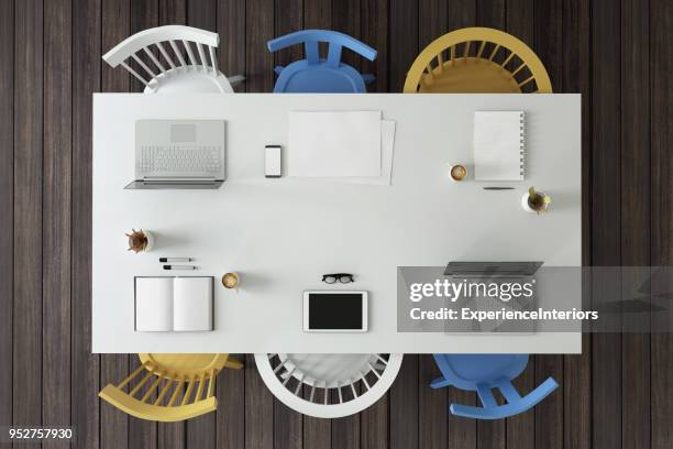 knolling top view of a team office table - office chair stock pictures, royalty-free photos & images
