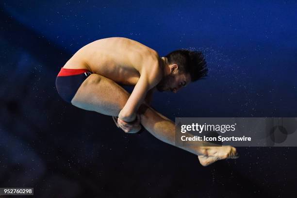 Brandon Loschiavo rotates during his dive during the Men's 10m platform at FINA Diving World Series 2018 on April 29 at Centre Sportif du Parc...