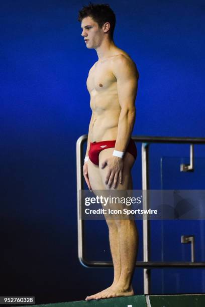 Vincent Riendeau takes diving position during the Men's 10m platform at FINA Diving World Series 2018 on April 29 at Centre Sportif du Parc olympique...