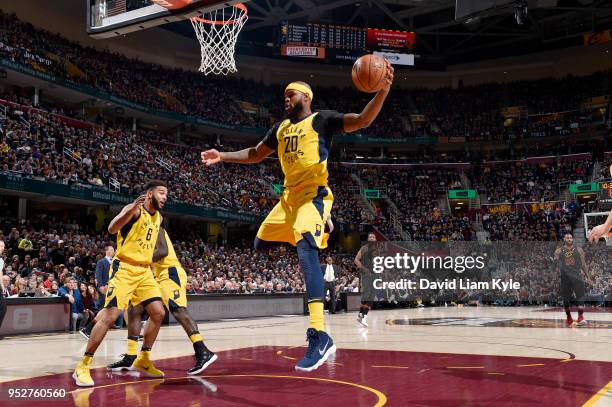 Trevor Booker of the Indiana Pacers grabs the rebound against the Cleveland Cavaliers in Game Seven of Round One of the 2018 NBA Playoffs on April...