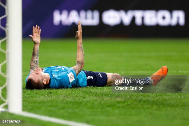 Anton Zabolotny of FC Zenit Saint Petersburg reacts after missing his chance during the Russian Football League match between FC Zenit Saint...